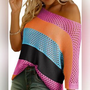 Colorful Knit Crochet Sweater, Women’s Size XL